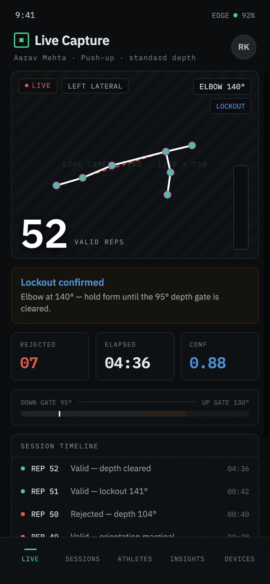 RepSense live push-up capture with pose landmarks and rep validation
