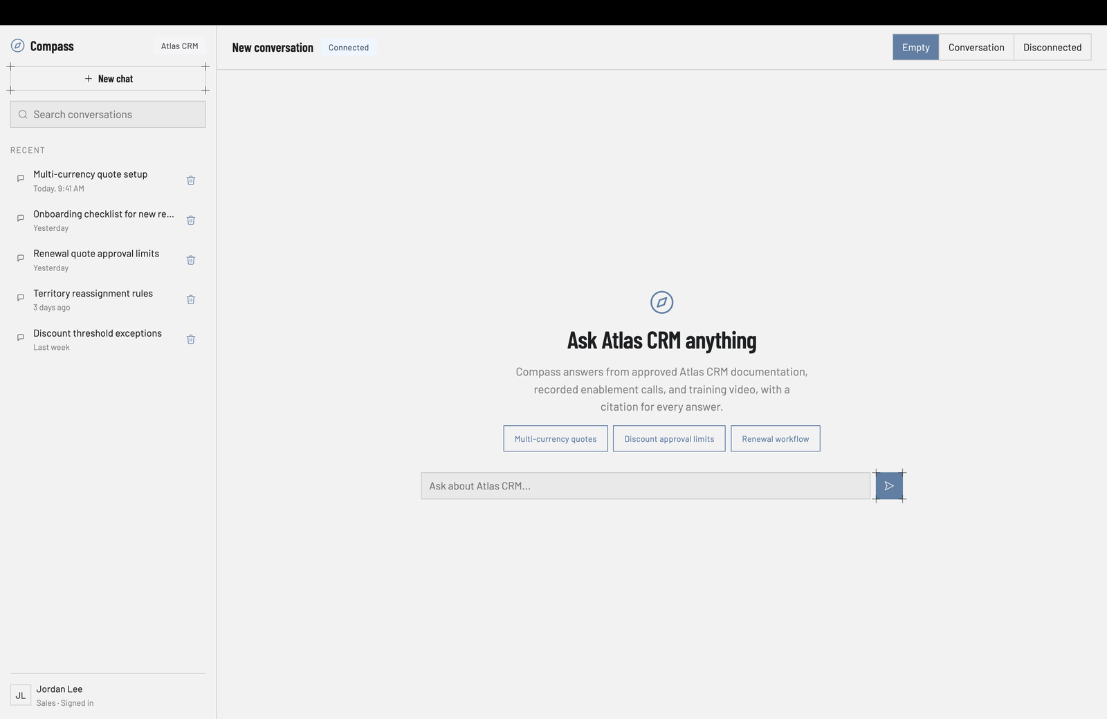 Compass empty state inviting a question across approved company content