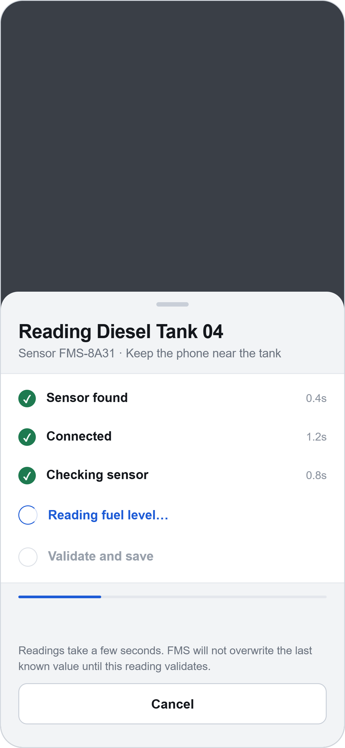 FMS Bluetooth connection screen discovering a nearby fuel tank sensor