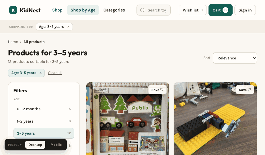 KidNest product listing filtered to ages three to five