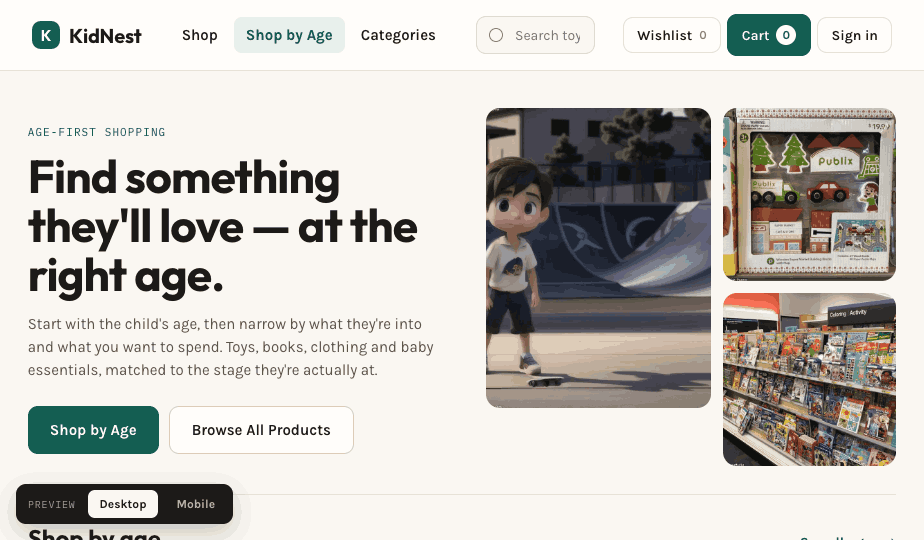 KidNest home page with age-led product discovery