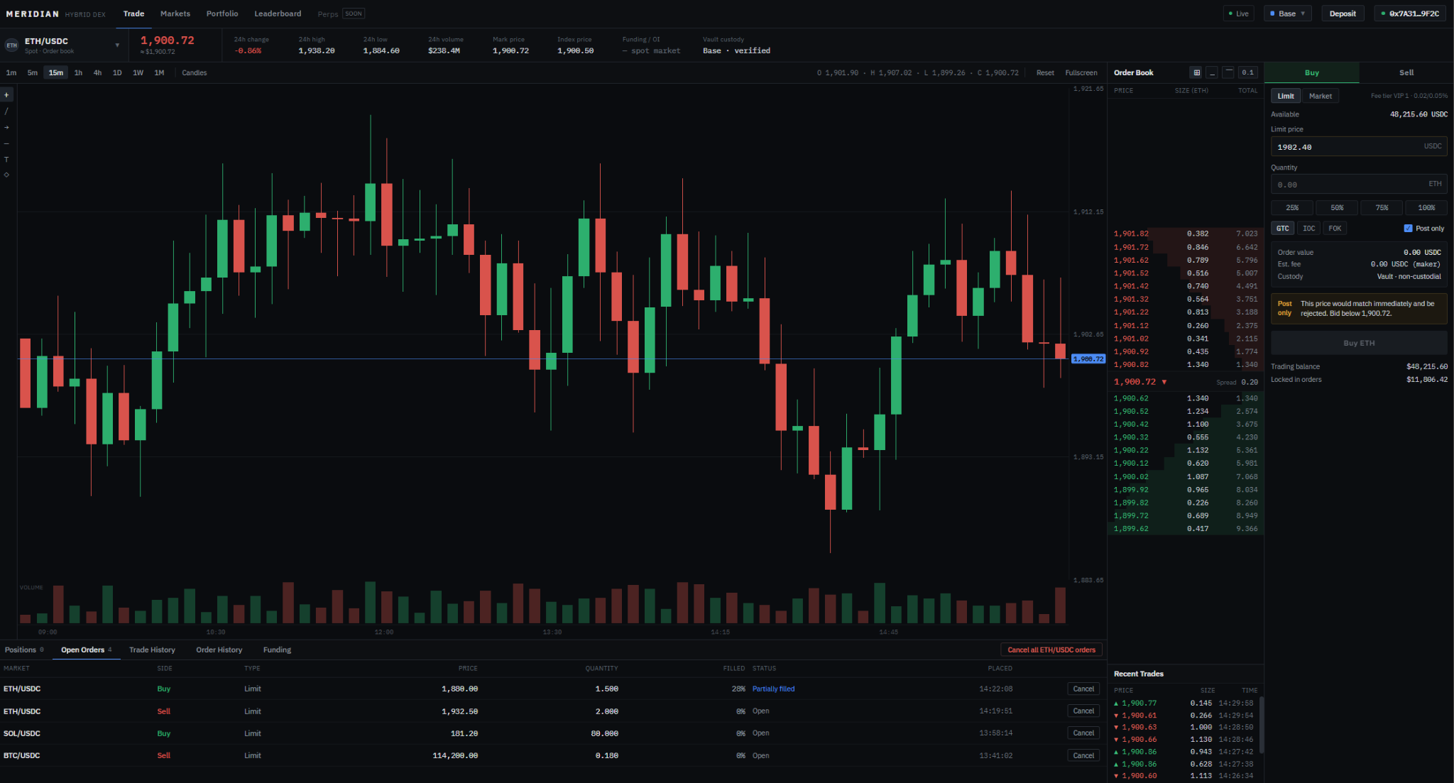 Meridian trading terminal with candles, order book and order ticket