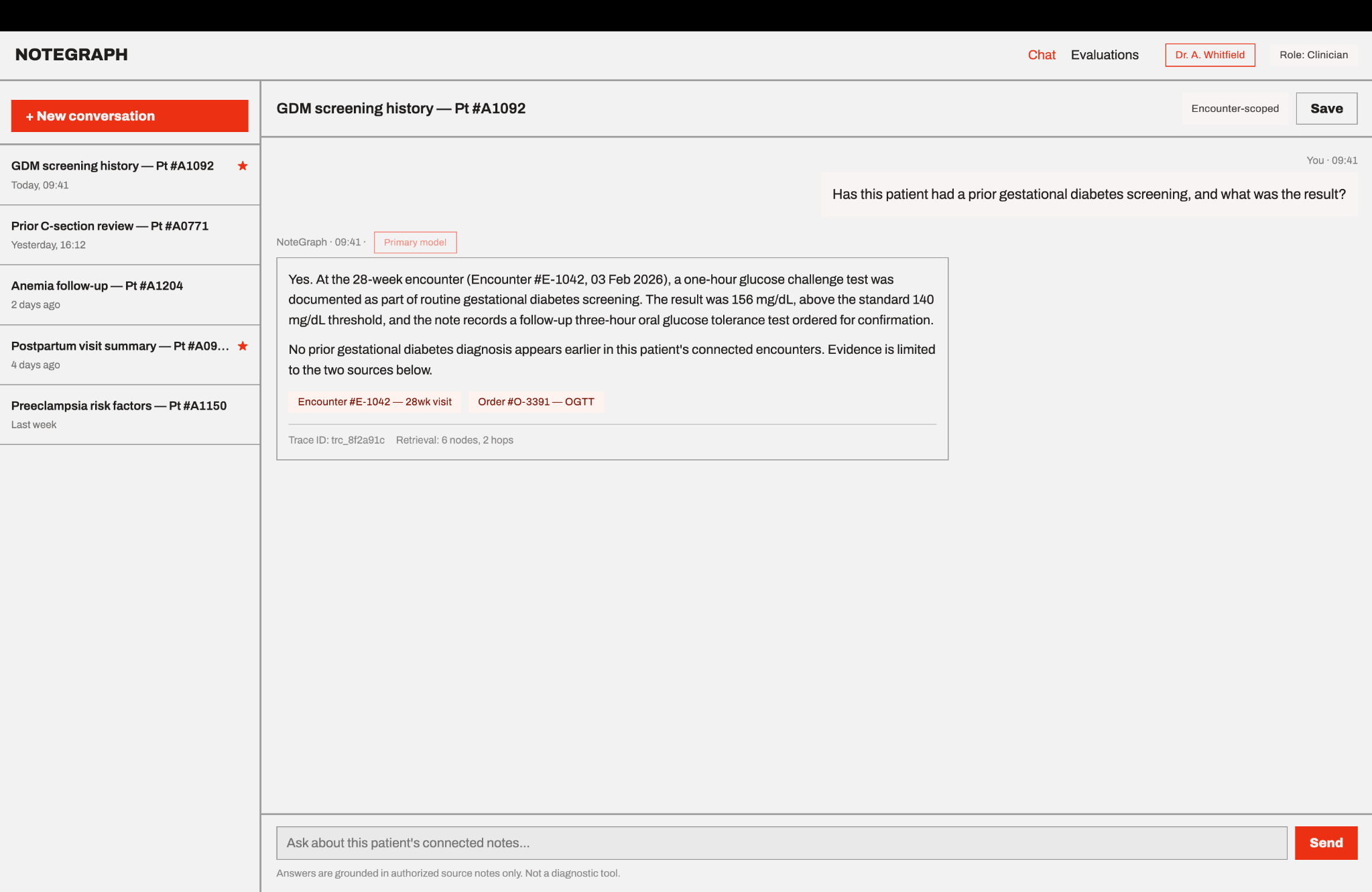 NoteGraph clinical chat showing a grounded answer and source citations