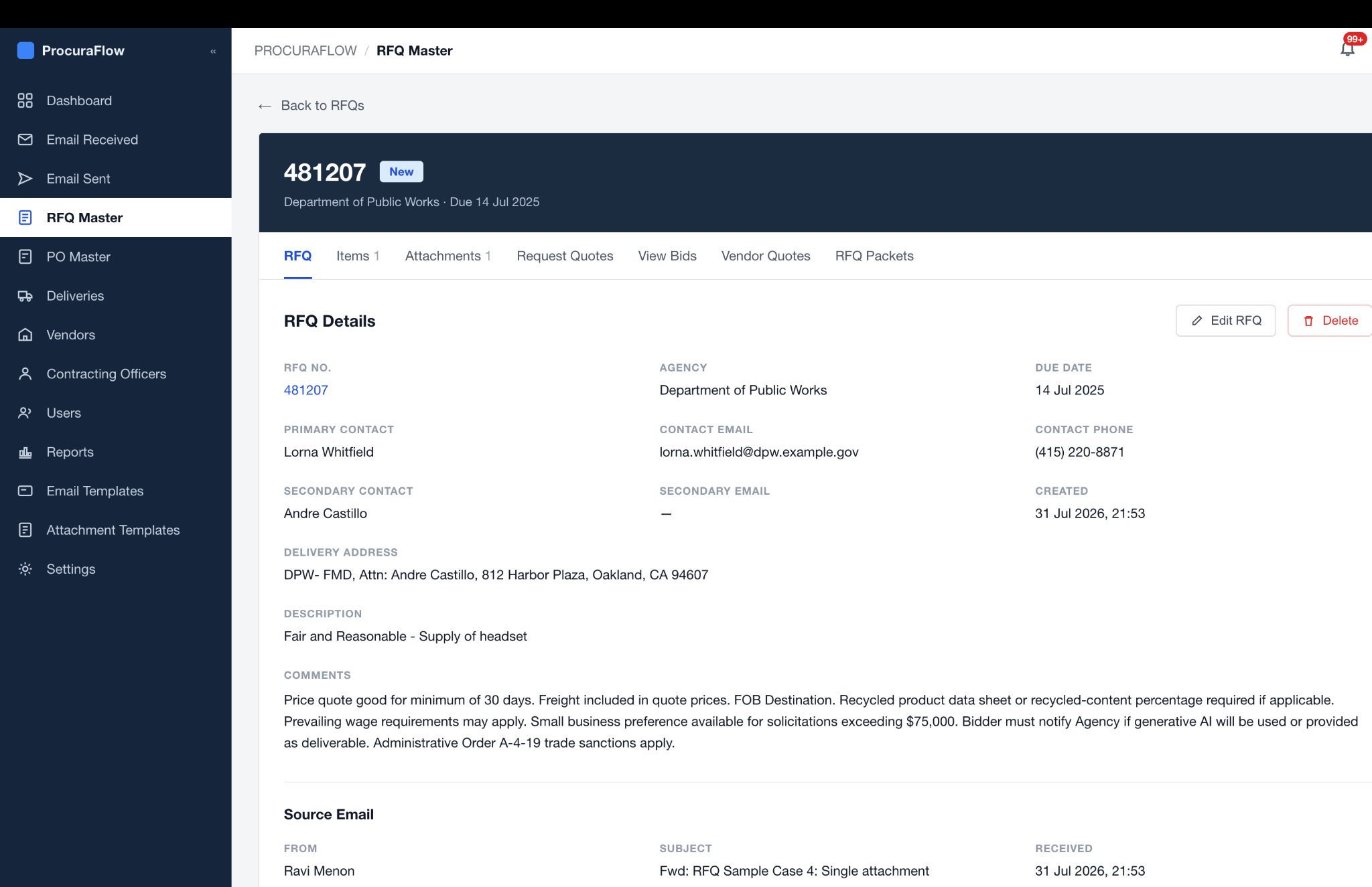 ProcuraFlow RFQ record with sourcing tabs and original email details